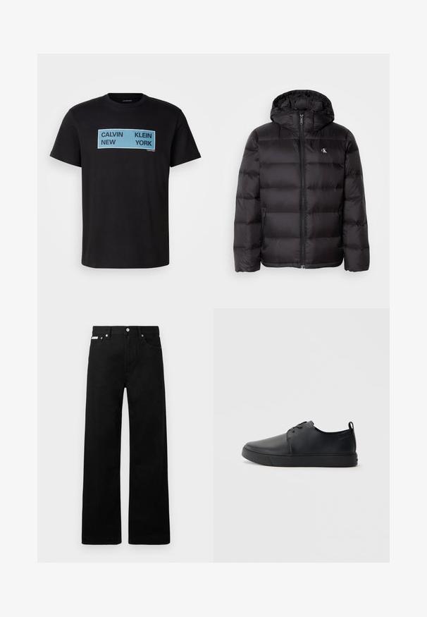 Casaco acolchoado preto com capuz, apresentando um design acolchoado, fecho frontal com fecho éclair e dois bolsos laterais. Pequeno logótipo no peito.; T-shirt de algodão preto com texto ousado em azul e preto: "CALVIN NEW KLEIN YORK" na frente. Design clássico de gola redonda, mangas curtas.; Calças de ganga pretas com um design de pernas largas, apresentando cinco bolsos e fechos metálicos. Textura suave, sem padrões visíveis.; Sapatilha de couro preta com um acabamento liso, bico arredondado, costura ton sur ton, frente com atacadores e sola plana de borracha. Alça no calcanhar.