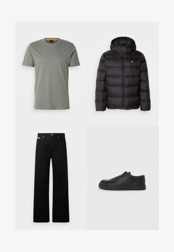 Fekete, kapucnis steppelt mintájú dzseki elöl cipzáras záródással és két oldalzsebbel. Kis logó a mellrészen.; Szürke pamut póló rövid ujjú és kerek nyakkivágással. Jellemzője egy kis négyzet alakú logó folt a bal mellkasi részen, megegyező színben.; Fekete farmernadrág széles szabással, öt zsebbel és fém gombos díszítéssel. Sima felület, látható minták nélkül.; Fekete bőr slip-on cipő lekerekített orral, varrott részletekkel és fekete gumitalppal. Simaság és minimalista dizájn jellemzi.