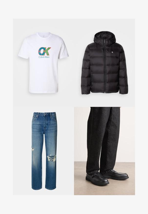 Chaqueta acolchada negra con capucha, con diseño acolchado, cierre frontal con cremallera y dos bolsillos laterales. Pequeño logotipo en el pecho.; Camiseta blanca de algodón con un gráfico audaz en rojo y turquesa que presenta el texto "OK" y "Calvin Klein" en el centro. Mangas cortas.; Vaqueros de mezclilla azul claros con cintura alta, pierna recta y desgastes con roturas en ambas rodillas. Presenta un diseño clásico de cinco bolsillos y un cierre de botón.; Zapatos de cuero negro con acabado texturizado, que cuentan con un diseño de costura elevada y suela de goma resistente, combinados con pantalones de mezclilla oscuros.