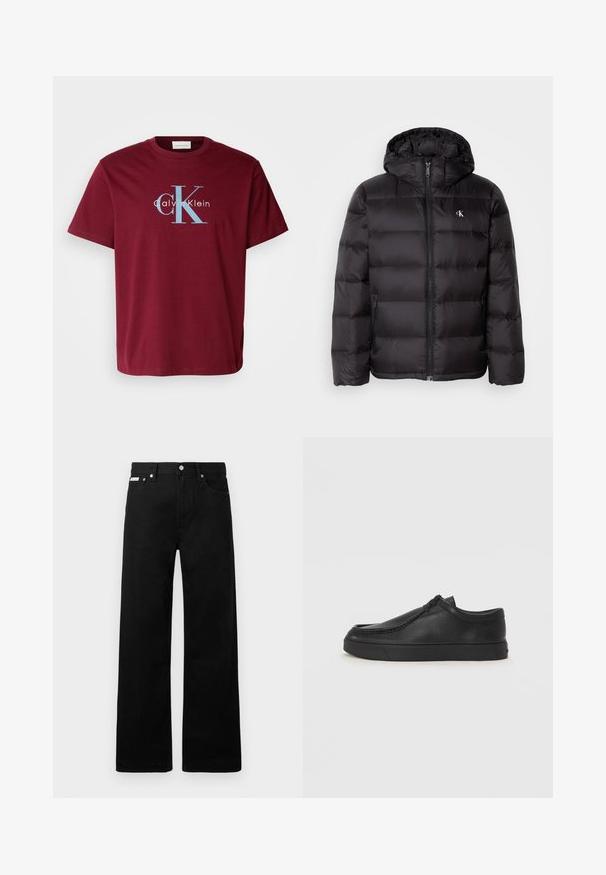 Črna puhasta jakna s kapuco, z vzorcem prešite tkanine, z zadrgo spredaj in dvema žepoma ob straneh. Majhen logotip na prsih.; Burgundska bombažna majica z velikim belim in modrim logotipom "CK" ter besedilom "Calvin Klein", standardnega kroja, kratkimi rokavi in okroglim izrezom.; Črne jeans hlače širokega kroja, z petimi žepi in kovinskimi gumbi. Gladka tekstura, brez vidnih vzorcev.; Črne usnjene natikače s zaobljenim prstom, šivanim detajlima in črnim gumijastim podplatom. Gladka tekstura z minimalističnim dizajnom.