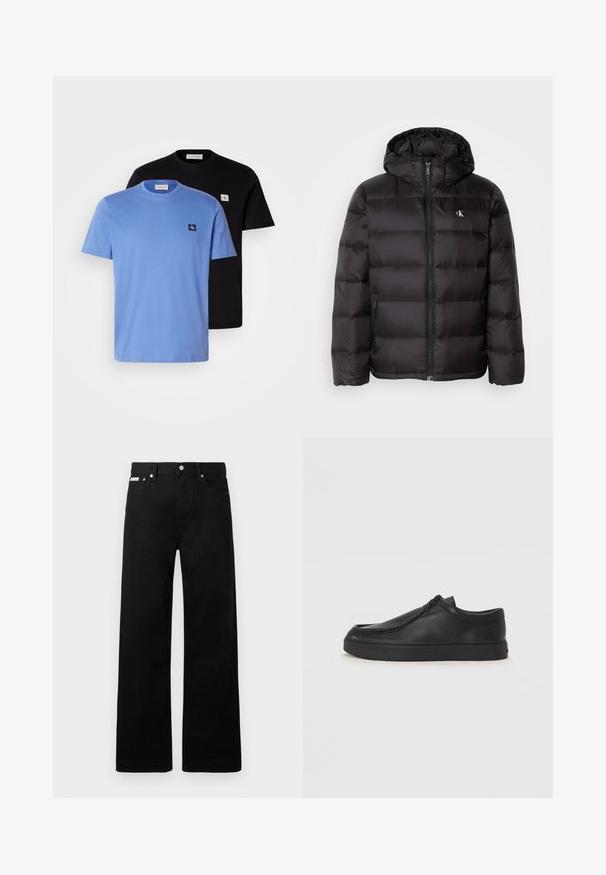 Casaco acolchoado preto com capuz, apresentando um design acolchoado, fecho frontal com fecho éclair e dois bolsos laterais. Pequeno logótipo no peito.; Duas camisetas de algodão, uma azul clara e uma preta, com golas redondas e pequenos emblemas no peito. Textura lisa.; Calças de ganga pretas com um design de pernas largas, apresentando cinco bolsos e fechos metálicos. Textura suave, sem padrões visíveis.; Sapata slip-on de couro preto com biqueira arredondada, detalhes cosidos e sola de borracha preta. Textura suave com design minimalista.