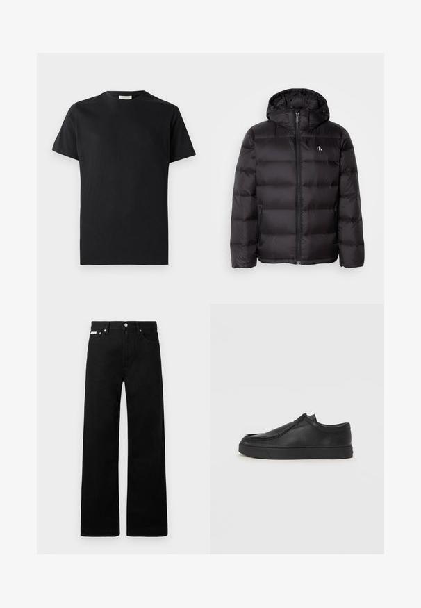 Casaco acolchoado preto com capuz, apresentando um design acolchoado, fecho frontal com fecho éclair e dois bolsos laterais. Pequeno logótipo no peito.; T-shirt preto de manga curta em algodão com gola redonda e detalhe discreto do logótipo no peito. Textura suave e ajuste padrão.; Calças de ganga pretas com um design de pernas largas, apresentando cinco bolsos e fechos metálicos. Textura suave, sem padrões visíveis.; Sapata slip-on de couro preto com biqueira arredondada, detalhes cosidos e sola de borracha preta. Textura suave com design minimalista.