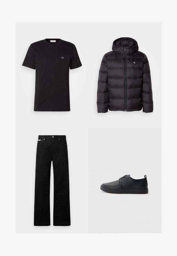 Giacca imbottita nera con cappuccio, caratterizzata da un design trapuntato, chiusura frontale con zip e due tasche laterali. Piccolo logo sul petto.; T-shirt in cotone nero con scollo rotondo, maniche corte e un piccolo logo ricamato sul lato sinistro del petto. Texture liscia, vestibilità classica.; Pantaloni in denim nero con design a gamba larga, dotati di cinque tasche e hardware in metallo per i bottoni. Texture liscia, senza motivi visibili.; Sneaker in pelle nera con finitura liscia, punta arrotondata, cuciture tono su tono, chiusura con lacci frontale e suola piatta in gomma. Anello sul tallone.