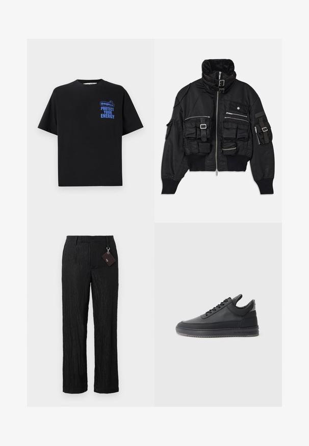 Juoda bombonešio striukė su keliais kišenėmis, užtrauktukais, aukštu apykakle su sagtimi, raukšlėtais rankogaliais ir lygia, šiurkščia apdaila.; Juoda medvilnės marškinėliai trumpomis rankovėmis, su mėlynu užrašu "APSIGIKITE NUO ENERGIJOS" ir grafiniu dizainu viršutiniame kairiajame kampe.; Juodos, tekstūruotos, plačios kelnės su lygiu paviršiumi ir matomomis siūlėmis; pridedama etikete, prisegta sidabriniu metaliniu žiedu.; Juodos odinės sportbačiai su tekstūruotu paviršiumi, su raišteliais, žemu kraštu ir pilku guminio pado kraštu su grioveliais.