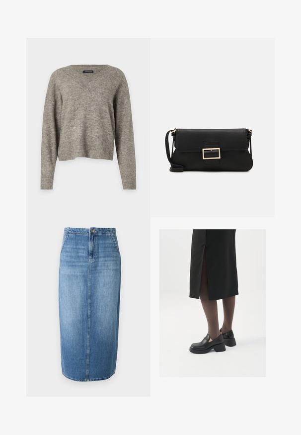Geacă puf neagră cu glugă, fermoar frontal și cusături orizontale pentru izolare. Textură netedă cu o formă pătrată.; Pulover cu guler în V, cu mâneci lungi, dintr-un materiale tricotat de culoare gri deschis, cu tiv striat. Textură ușoară, design ușor scurtat și cu croială lejeră.; Fustă tip creion din denim, de culoare albastru deschis, cu un croi drept, închidere cu nasturi în față și estompare subtilă. Linia tivului este ușor deasupra genunchiului.; Pantofi din piele neagră cu vârful rotund, toc bloc gros și accente elastice pe lateral, asortați cu colanți închiși la culoare și o fustă neagră cu o fanta.; Geantă de mână din piele neagră, cu clapetă și un detaliu din metal auriu. Include o curea neagră și un design elegant, minimalist.