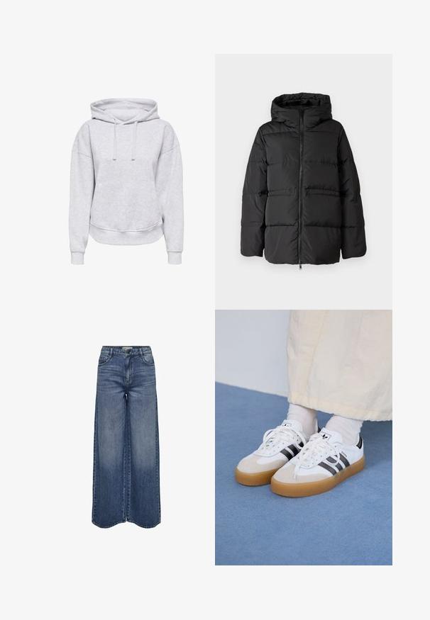 Black puffer jacket featuring a hood, front zipper, and horizontal stitching for insulation. Smooth texture with a boxy shape.; Gray hooded sweatshirt with a relaxed fit, drawstrings, ribbed cuffs, and a front pocket. Made from soft, textured fabric.; Wide-leg blue denim jeans featuring a high waist, classic five-pocket design, and a faded wash for a relaxed fit.; White sneakers with black stripes and beige suede accents. Feature a textured gum sole and flat white laces, worn with light-colored socks.