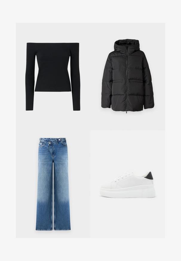 Black puffer jacket featuring a hood, front zipper, and horizontal stitching for insulation. Smooth texture with a boxy shape.; Black off-the-shoulder long-sleeve top made from ribbed fabric, featuring a fitted silhouette and minimalistic design.; Light blue wide-leg jeans with a faded wash, featuring a classic five-pocket design and metal button accents at the waist.; White platform sneakers made of smooth synthetic material, featuring a rounded toe, lace-up design, and a textured rubber sole. Black heel accent.