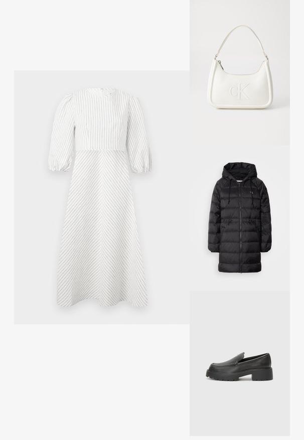 Calvin Klein Jeans Manteau d'hiver - black; Robe blanche avec des rayures noires verticales et diagonales, encolure ronde et manches courtes bouffantes, fabriquée dans un tissu léger et lisse.; Mocassins en cuir noir avec un bout arrondi, une semelle épaisse et texturée, et des détails de couture minimalistes. Design épuré sans lacets ni métal visibles.; Sac à main en cuir blanc avec une forme courbée, arborant un logo "CK" embossé à l'avant et une seule bandoulière. Fermeture à glissière en haut.