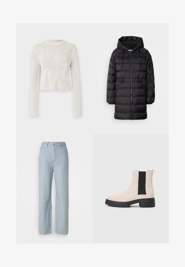 Calvin Klein Jeans Zimski plašč - black; Krem pulover iz pletene tkanine s okroglim izrezom, ki ima teksturiran valoviti vzorec, dolge rokave in skrajšano robno dolžino.; Svijetloplave traperice ravnog kroja. Imaju pet džepova, metalno kopčanje na dugme i suptilno izbjeljivanje za teksturu.; Bež usnjeni Chelsea škorenj s črnim elastičnim stranskim panelom, masivnim črnim podplatom in zanka na gležnju.