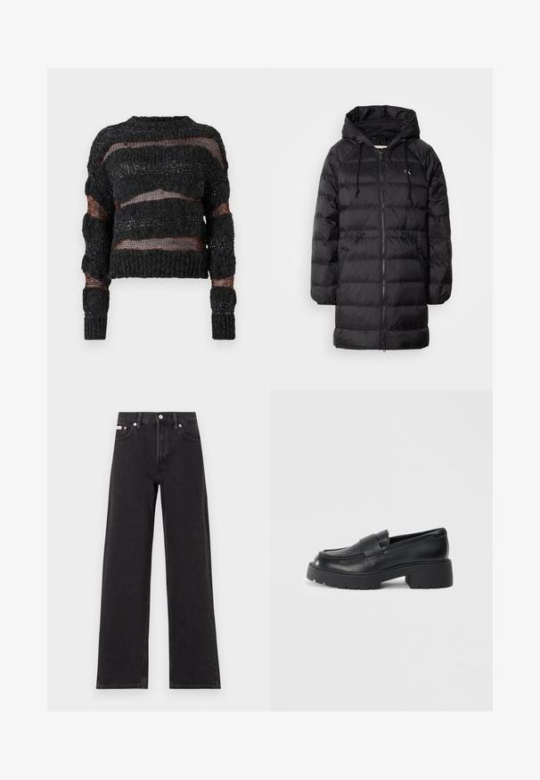 Calvin Klein Jeans Casaco de inverno - black; Sweater cropped preto com malha texturizada, apresentando tramas horizontais abertas e fios laranja contrastantes. Mangas longas com punhos canelados.; Jeans de perna larga pretos feitos de denim, apresentando uma cintura alta, estilo de cinco bolsos e um fecho em botão de metal com costura contrastante.; Mocassins de couro preto com um acabamento texturizado, apresentando uma faixa retangular na parte superior e um design de sola robusta e dentada.