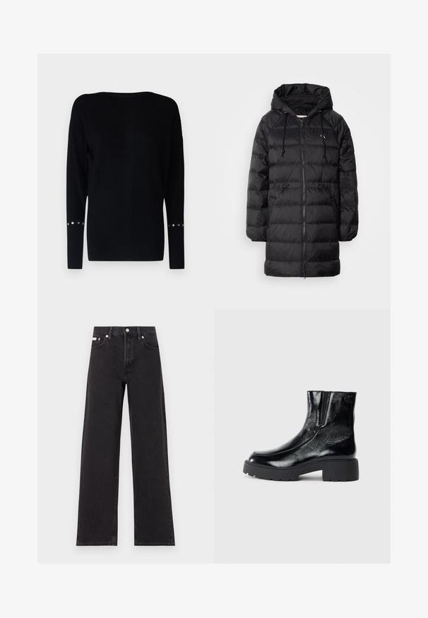 Calvin Klein Jeans Wintermantel - black; Patrizia Pepe Strickpullover - nero; Schwarze weit geschnittene Jeans aus Denim mit einem hoch sitzenden Bund, fünf Taschen und einem Metallknopfverschluss mit kontrastierendem Nähte.; Schwarze Knöchelstiefel mit glänzender Lackleder-Oberfläche, einer kräftigen gummierten schwarzen Sohle und Absatz; mit dezentem Logodetail an der Seite.