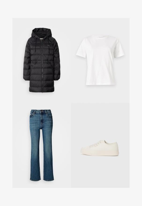 Calvin Klein Jeans Talvitakki - black; Valkoinen puuvillapaita lyhyillä hihoilla, pyöreällä kaula-aukolla ja rentolla istuvuudella. Sujuva rakenne, ei kuvioita tai yksityiskohtia, minimalistinen muotoilu.; Korkeavyötäröiset siniset farkut, jotka on valmistettu denimistä, ja joissa on suora lahje, hienovarainen haalistuminen sekä tavallinen nappi- ja vetoketjusuljenta.; Valkoisista kankaista valmistetut lenkkarit, joissa on matala malli, pyöreä kärki ja litteä kumipohja hienovaraisella ompeluyksityiskohdalla.