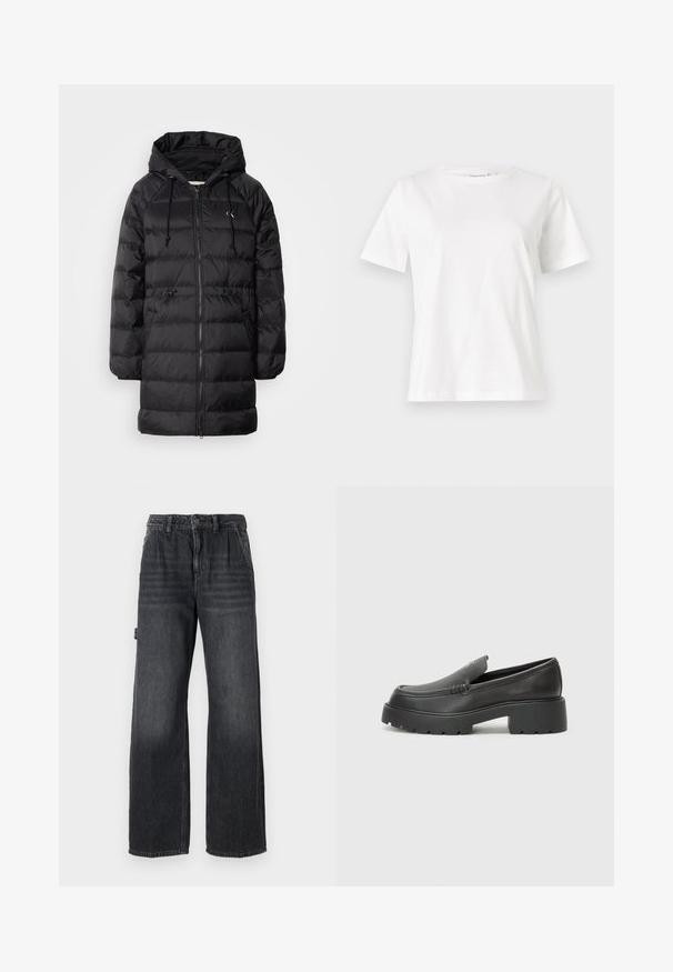 Calvin Klein Jeans Χειμωνιάτικο παλτό - black; Λευκό βαμβακερό μπλουζάκι με κοντά μανίκια, στρογγυλή λαιμόκοψη και άνετη εφαρμογή. Λείο υφασμάτινο, χωρίς σχέδια ή αξεσουάρ, μινιμαλιστικός σχεδιασμός.; Φαρδιά παντελόνια τζιν σε σκούρο γκρι ντένιμ, με ψηλή μέση, μπροστινές τσέπες και διακριτική φθορά στους μηρούς. Λεπτομέρεια με αντίθετο ράψιμο.; Μαύρα δερμάτινα loafers με στρογγυλή μύτη, χοντρή υφή σόλας και ελάχιστες ραφές. Κομψός σχεδιασμός χωρίς ορατά κορδόνια ή μεταλλικά στοιχεία.