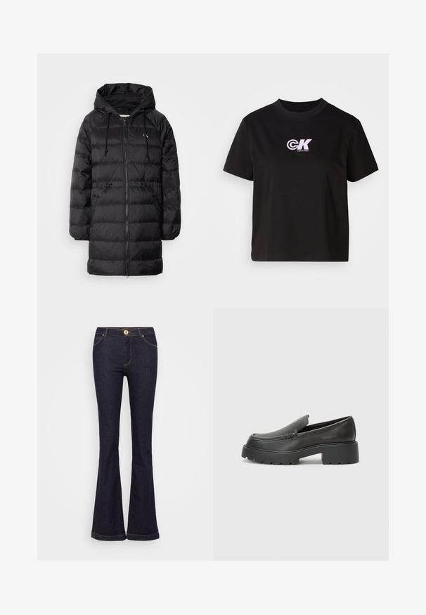 Calvin Klein Jeans Zimski kaput - black; Crna pamučna majica s okruglim izrezom i kratkim rukavima. Ima bijeli i ružičasti "CK" logo na gornjem lijevom dijelu prsnog koša.; Proširene tamnoplave traperice sa visokim strukom, zlatnim kopčama, kontrastnim šavovima i dva prednja džepa.; Crne kožne loaferice s zaobljenim vrhom, debelim teksturiranim potplatom i minimalnim detaljima šivanja. Elegantna izrada bez vidljivih vezica ili metalnih elemenata.