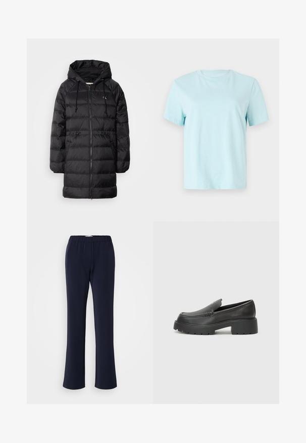 Calvin Klein Jeans Casaco de inverno - black; T-shirt de algodão azul claro com mangas curtas, gola redonda e logo 'Calvin Klein' bordado discreto na parte da frente.; Calças azul-marinho de perna reta feitas de tecido elástico com cintura elástica e dois bolsos frontais. Textura lisa, sem padrões visíveis.; Mocassins de couro preto com bico arredondado, sola espessa e texturizada, e detalhes de costura minimalistas. Design elegante sem atacadores ou ferragens visíveis.