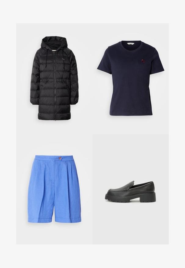 Calvin Klein Jeans Zimný kabát - black; Námornícka modrá bavlnená tričko s výstrihom do V, krátkymi rukávmi a malým bordovým vyšívaným logom na hrudi. Mäkká textúra.; Modré ľanové šortky s plisovaním, zapínaním na gombík a rovný strih. Majú hladkú textúru a lem, ktorý siaha nad koleno.; Čierne kožené mokasíny s okrúhlou špičkou, hrubou textúrovanou podrážkou a minimom stehovej výzdoby. Štíhly dizajn bez viditeľných šnúr alebo kovania.