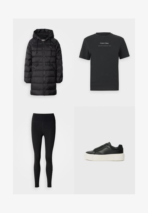 Calvin Klein Jeans Ziemas mētelis - black; Melna kokvilnas T-kreklā ar apaļu apkakli, īsām piedurknēm un baltu uzdrukātu "Calvin Klein" logotipu un tekstu "Izveidots 1968".; Melni legingi ar augstu josti, gludu tekstūru, pilna garuma dizainu un baltu logotipa akcentu zem kreisā pika.; Melnas ādas kedas ar noapaļotu pirkstu, baltu platformas zoli un melnām auklām. Iespējams, satur diskrētu logo uz papēža un gludu tekstūru.