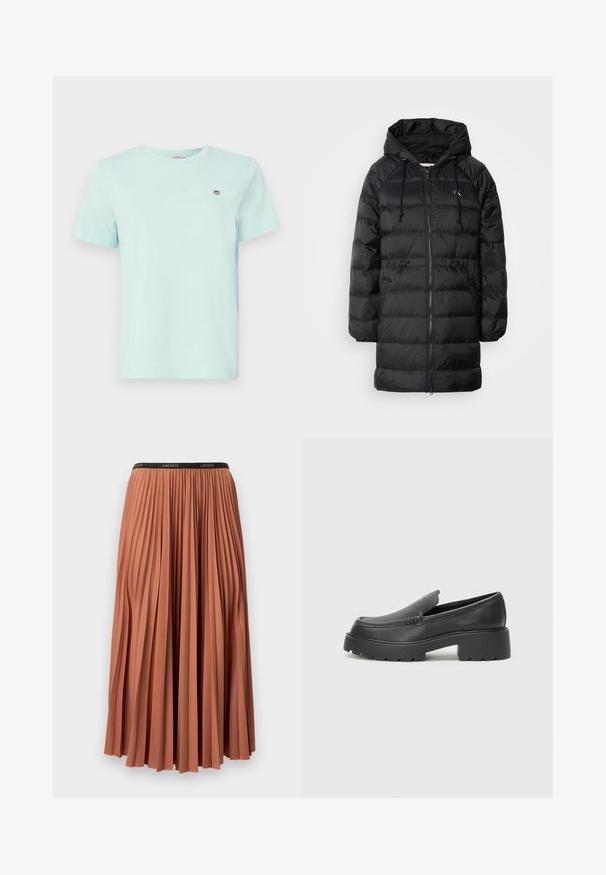 Calvin Klein Jeans Vinterfrakke - black; Lys mintgrøn bomulds T-shirt med rund hals, korte ærmer og et lille logo på venstre bryst. Blød tekstur og enkelt design.; Plisseret nederdel i terracottafarve med en sort talje, der har lodrette folder og en glat tekstur. Længden når midt på læggen.; Sorte læder loafers med rund tå, tyk tekstureret sål og minimale syninger. Elegant design uden synlige snørebånd eller hardware.