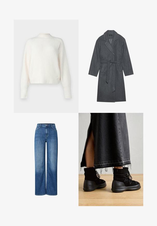 Sivi plašč iz volnene mešanice z zaobljenim ovratnikom, dolgimi rokavi in pasom s sponko. Ima gladko teksturo in zasnovo do kolen.; Sveter iz svetle kreme ribaste teksture z dolgimi rokavi in visokim ovratnikom. Mehak material z udobnim krojem, s subtilnimi vertikalnimi črtami.; Pieces PCSILKE - Široke hlačnice - medium blue denim; Črne gležnjarje iz usnja z okroglo konico, vezalkami in debelim, teksturiranim gumijastim podplatom. Vidna je tudi kavbojka z neobrobljenim robom.