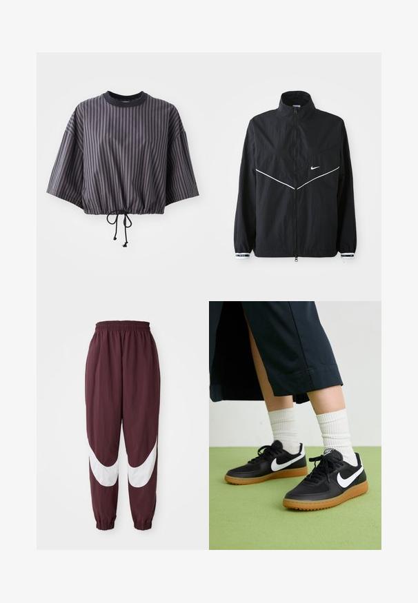 Jachetă neagră tip windbreaker cu guler înalt, fermoar complet, linii albe de accent și logo. Dispune de manșete elastice cu bordură contrastantă. Material ușor.; Top scurt, cu mâneci scurte, de culoare gri închis, cu dungi verticale. Are un tiv reglabil cu șnur și un decolteu rotund, evidențiat de o bordură neagră contrastantă.; Pantaloni sport maron cu un design de dungi curbate albe, talie elastică și manșete tapered. Fabricat dintr-un material ușor și respirabil.; Sneakers negre din piele și material sintetic cu logo-ul alb Nike, talpă din cauciuc, vârful rotund și șireturi negre. Șosete albe cu nervuri vizibile.