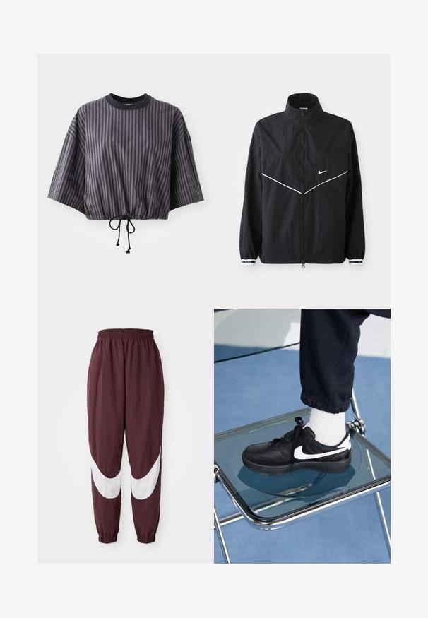 Svart vindjacka med hög krage, full dragkedja, vita accentlinjer och logotyp. Har elastiska ärmslut med kontrasterande kant. Lättviktigt material.; Kortärmad topp i mörkgrått med vertikala ränder. Har en dragsko i nederkant och en rund halsringning med en kontrasterande svart kant.; Vinröda träningsbyxor med ett vitt böjt randmönster, elastisk midja och smalnande muddar. Tillverkade av lätta, andningsbara material.; Svarta Nike-sneakers med vita detaljer, med en slät läderstruktur, snörningsdesign och rund tå, placerade på en glasstol.