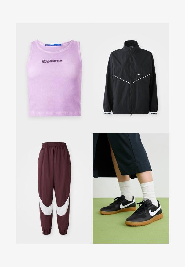Schwarze Windbreaker-Jacke mit hohem Kragen, vollem Reißverschluss, weißen Akzentlinien und Logo. Mit elastischen Bündchen mit kontrastierenden Abschlüssen. Leichtes Material.; Lavendelfarbenes, geripptes, kurzes Tanktop mit rundem Ausschnitt und "KARL LAGERFELD JEANS" in dunklem Garn auf der Brust gestickt.; Bordeauxfarbene Jogginghose mit einem weißen, geschwungenen Streifenmuster, elastischem Bund und schmal zulaufenden Bündchen. Hergestellt aus leichtem, atmungsaktivem Material.; Schwarze Leder- und synthetische Sneakers mit weißem Nike-Swoosh, Gummisohle, runder Spitze und schwarzen Schnürsenkeln. Gestreifte weiße Socken sind sichtbar.
