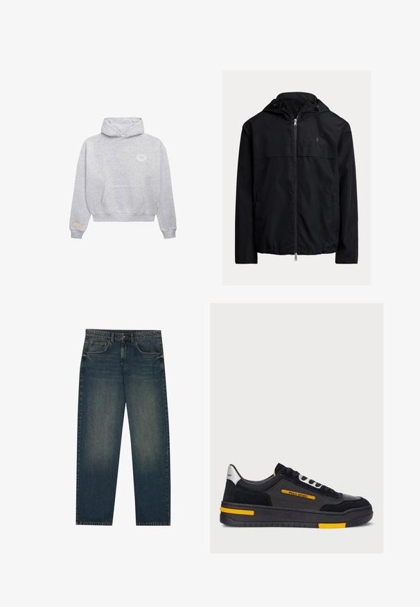 Fekete kapucnis szélálló dzseki, elöl cipzárral zárható, két oldalsó zsebbel és egy diszkrét logóval a mellkasán. Simaságával és könnyű anyagával vonzza a figyelmet.; Világosszürke kapucnis pulóver elülső kenguruzsebbel, bal mellen kicsi fehér kör alakú logóval, és bézs téglalap alakú folttal a bal ujja mandzsettáján.; Sötétkék farmernadrág egyenes szabással, öt zsebes dizájnnal és enyhén kopott textúrával a lábakon. Kényelmes viselet mindennapi használatra.; Fekete sportcipők velúr és hálós felsőrészsel, sárga részletekkel és vastag fekete talppal. Fűzős záródás és "POLO SPORT" márkajelzés az oldalon.