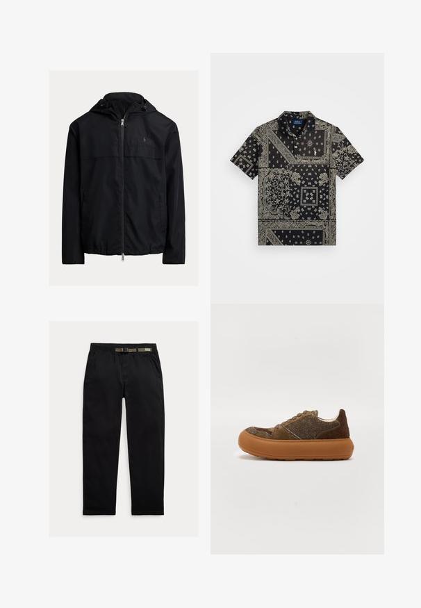 Černá větrovka s kapucí, s krytým zipem na přední části, dvěma bočními kapsami a decentním logem na hrudi. Hladká, lehká tkanina.; Černá košile s krátkým rukávem, zdobená potiskem bandany s bílými složitými vzory a malým vyšitým logem na hrudi. Klasický design límce.; Černé kalhoty vyrobené z lehkého materiálu, s elastickým pasem a integrovaným zeleným páskem, rovného střihu a bočními kapsami.; Hnědý semišový teniska s chlupatou texturou a gumovou podrážkou. Má polstrovaný límec a zaoblenou špičku. Šněrování s kruhovými průchodkami vpředu.
