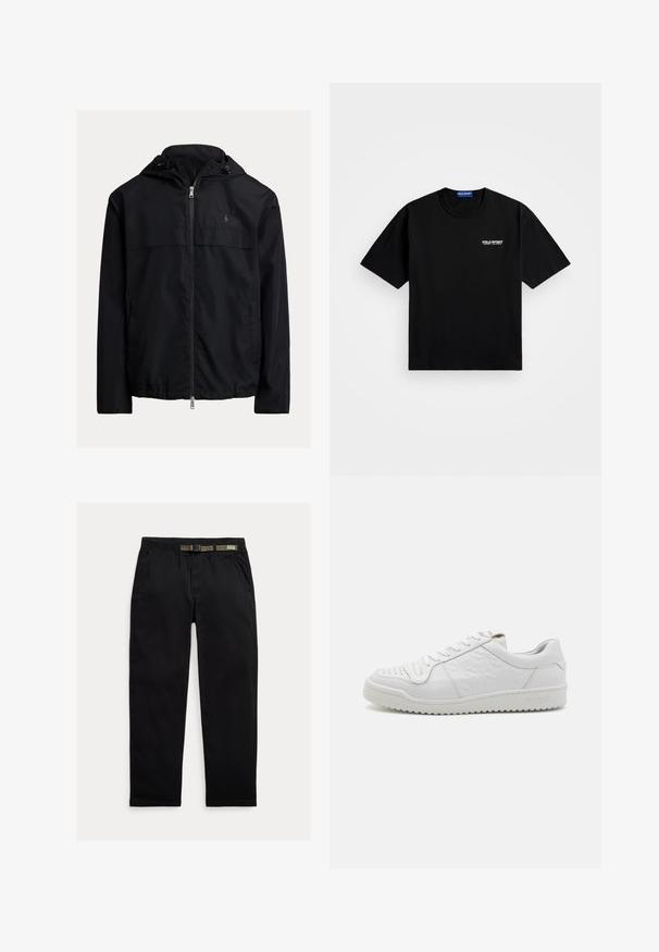 Črna jakna z kapuco, ki se zapira z zadrgo, vsebuje dve stranski žep in subtilen logotip na prsih. Gladek, lahek material.; Črna bombažna majica s krožnim izrezom in kratkimi rokavi. Na levi strani prsnega dela je belo logo "POLO SPORT". Standardna velikost.; Črne hlače iz lahkega blaga, z elastičnim pasom in vgrajenim zeleni pasom, ravne noge in stranskimi žepi.; Beli usnjeni teniske s teksturiranim stranskim panelom in perforiranim prstnim delom, opremljene z ravnimi vezalkami in dvignjenim gumijastim podplatom. Ime blagovne znamke "SANDRO" je vtisnjeno na peti.