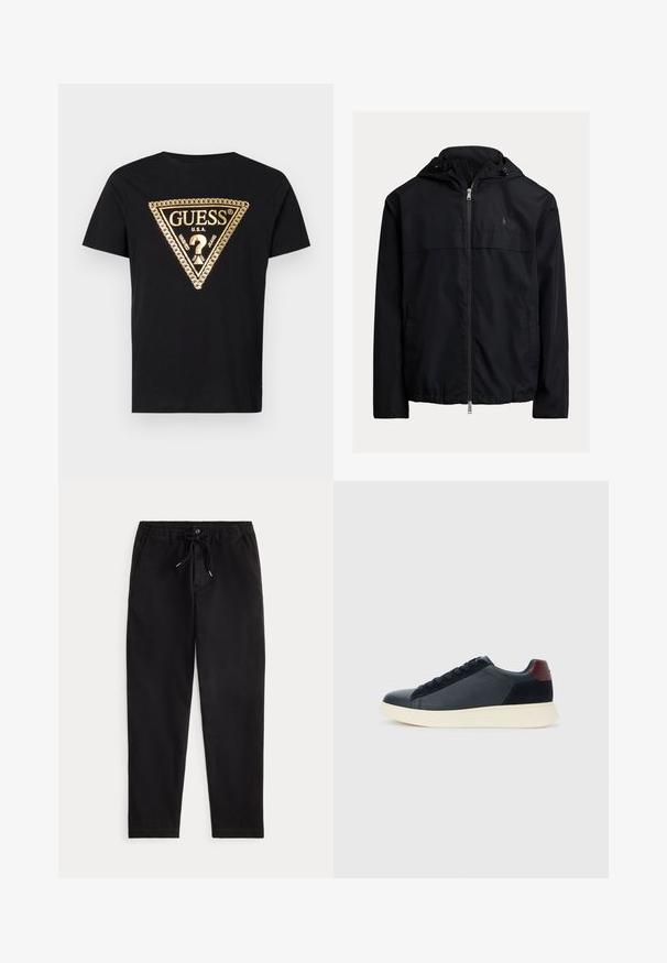 Must musta tuulejope, millel on lukk ees, kaks küljetaskut ja diskreetne logo rinnal. Sujuv, kerge kangas.; Guess CHAIN - Trükipildiga T-särk - jet black; Mustad mustad püksid elastse vöökoha, stringi sõlme, ees oleva nupuga ja küljetaskutega, esitatud ühetoonilise tausta peal.; Madala stiilis meeste toss mustast nahast ja seemisnahast, marooni värvi kanna detailiga ja valge kummist tallaga, vaatega välisküljelt.