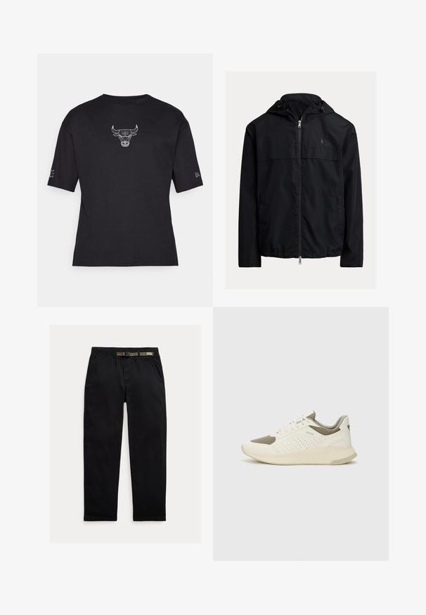 Melnas kapuces vēja necaurlaidīga jaka, kurai ir rāvējslēdzēja priekšējā aizdare, divas sānu kabatas un smalka logo uz krūtīm. Gluda, viegla auduma.; Melnā, īsām piedurknēm T-kreklā ar ribota tekstūra, kas rotāta ar balto izsistu vērša logotipu uz krūtīm un mazu detaļu uz piedurknes.; Melnas bikses, izgatavotas no viegla auduma, ar elastīgu jostu un integrētu zaļu jostu, taisna piegriezuma un sānu kabatām.; Baltas un gaiši bež sporta apavi, ar sieta augšdaļu, perforētiem detaļām un teksturētu vidusdaļu ar zīmolu uz papēža.