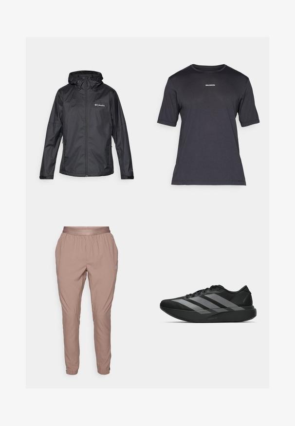 Svart vanntett jakke med glidelås, justerbar hette og to sidelommer. Har en jevn tekstur og Columbia-logoen på brystet.; Svart kortermet prestasjons-T-skjorte laget av pustende materiale, med rund hals og liten hvit "SALOMON" logo på brystet.; Lys rosa joggebukser med elastisk midje og mansjetter, laget av et glatt, lett materiale. Har sidelommer og subtil merking.; Sorte svarte treningssko med lett design, med tre fremtredende grå striper, en glatt tekstur og en formet såle.
