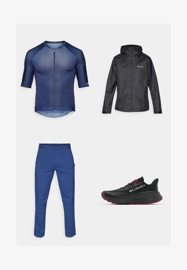 Veste noire imperméable avec fermeture éclair, capuche ajustable et deux poches latérales. Présente une texture lisse et le logo Columbia sur la poitrine.; Maillot de cyclisme à manches courtes bleu marine avec fermeture éclair à l'avant, fabriqué en tissu léger. Il dispose de manches raglan et d'un ourlet incurvé à l'arrière.; Pantalon bleu en tissu lisse, avec une coupe droite, deux poches latérales et des passants de ceinture. Pas de motifs visibles ni de détails matériels.; Chaussure de sport noire avec tige texturée, lacets rouges et logo. Semelle épaisse avec motif de la semelle pour une meilleure adhérence. Design minimaliste, vue de côté.