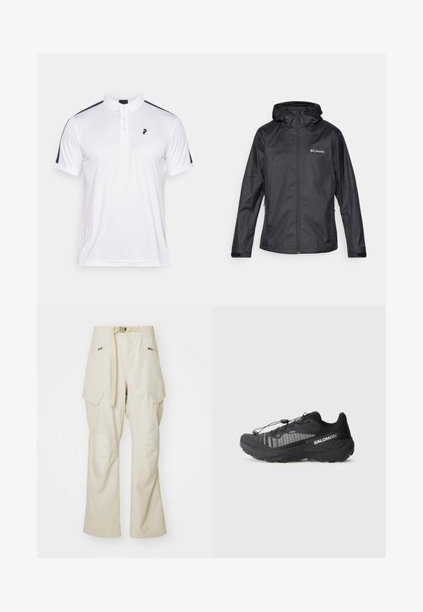 Svart vattentät jacka med dragkedja, justerbar huva och två sidofickor. Har en slät textur och Columbia-logotypen på bröstet.; Vit polo-shirt med marinblå axelränder, treknapps-placket och en liten svart logotyp på bröstet. Slät, lättviktig tyg.; Ljusbeige cargobyxor med vida ben, bälte i midjan, två sidofickor och knäskydd. Slät textur med förstärkta sömnadsdetaljer.; Svart trailrunning-sko med ett strukturerat mesh-övre, reflekterande detaljer, vadderad sula och elastiskt snörningssystem. Logotyp på sidan.