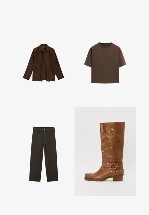 Brown suede jacket with a pointed collar, long sleeves, straight cut, and subtle stitching details. No fasteners are visible.; Brown cotton t-shirt, short sleeves, crew neckline, relaxed fit, smooth texture, minimalistic design, no visible patterns or accents.; Dark green wide-leg jeans made of cotton blend, featuring a front button closure, five pockets, and classic denim stitching.; Brown leather knee-high boot with a slouchy design, featuring a strap with metal hardware and a block heel. Text "REPLAY MFG.CO" on side.