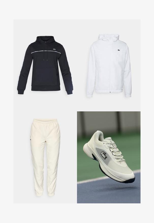 Balta gobtuvė su elastingomis rankovėmis ir virvute apvadu. Yra juodas logotipas ant krūtinės ir dvi šoninės kišenės su lygiu paviršiumi.; Juodas džemperis su kengūros kišene, balta juostele per krūtinę ir siuvinėtu logotipu kairėje pusėje. Minkšta medžiaga, ilgomis rankovėmis.; Kreminės spalvos sportinės kelnės su elastinga juosta, siaurėjančiomis kojomis ir mažu tamsiai žaliu logotipu kairėje pusėje. Glaudus, lengvas audinys.; Balti sportiniai batai su tinkliniais viršutiniais, juodais akcentais, tekstūruotu padu ir išryškintu logotipu šone, eksponuojami prieš teismo foną.