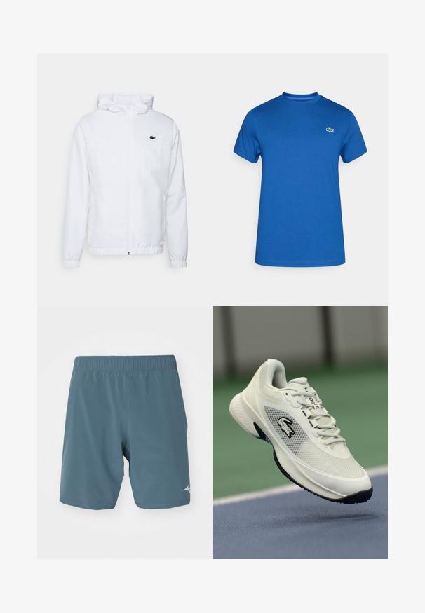 Fehér kapucnis dzseki rugalmas mandzsettákkal és húzózsinórral ellátott aljjal. A mellkasán fekete logó található, valamint két oldalsó zseb, sima textúrával.; Kék, rövid ujjú, kerek nyakú póló, bal mellen kis zöld krokodil logóval, sima elöl.; Mizuno FLEX SHORT - Sport rövidnadrágok - blue mirage; Fehér sportcipő hálós felsőrésszel, fekete részletekkel, texturált talppal és feltűnő logóval az oldalán, kosárlabdapálya háttérben.