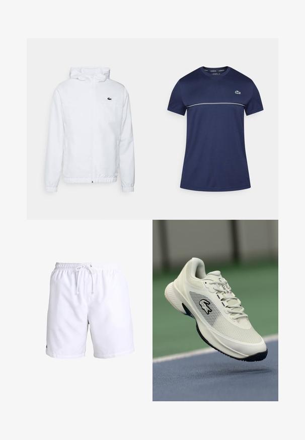 Balta gobtuvė su elastingomis rankovėmis ir virvute apvadu. Yra juodas logotipas ant krūtinės ir dvi šoninės kišenės su lygiu paviršiumi.; Tamsiai mėlynas trumpomis rankovėmis marškinėlis su apvalia iškirpte, kuriame yra balta horizontali juosta ir žalias krokodilo logotipas kairėje krūtinės pusėje.; Balti maudymosi šortai su elastinga juosmens juosta ir raišteliu. Pagaminti iš lengvos medžiagos su lygia tekstūra. Be raštų ar dekoracijų.; Balti sportiniai batai su tinkliniais viršutiniais, juodais akcentais, tekstūruotu padu ir išryškintu logotipu šone, eksponuojami prieš teismo foną.