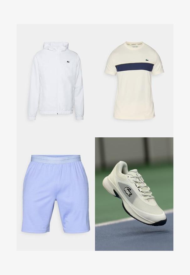 Bela kapuca s kapuco z elastičnimi manšetami in spodnjim delom na vrvico. Opremljena je z črnim logotipom na prsih in dvema stranskima žepoma z gladko teksturo.; Krema in mornarsko modra Lacoste majica s krožnim izrezom, kratkimi rokavi in horizontalnim barvnim blokom. Ima zeleni krokodilov logotip.; Svjetloplave atletske šortse s elastičnom pasicom koja ima uzorak mreže. Izrađene su od glatkog i rastezljivog materijala za udobnost i pokretljivost.; Bela atletska superga z mrežastim zgornjim delom, črnimi akcenti, teksturiranim podplatom in izpostavljenim logotipom na strani, prikazana v ozadju igrišča.