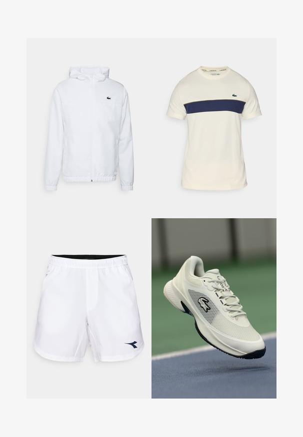 White hooded jacket with elastic cuffs and a drawstring hem. Features a black logo on the chest and two side pockets with a smooth texture.; Cream and navy Lacoste t-shirt with a round neckline, short sleeves, and a horizontal color block. Features a green crocodile logo.; White athletic shorts with an elastic waistband and a black inner lining. Features a navy logo on the left side, smooth texture.; White athletic sneaker with a mesh upper, black accents, textured sole, and prominent logo on the side, displayed against a court background.