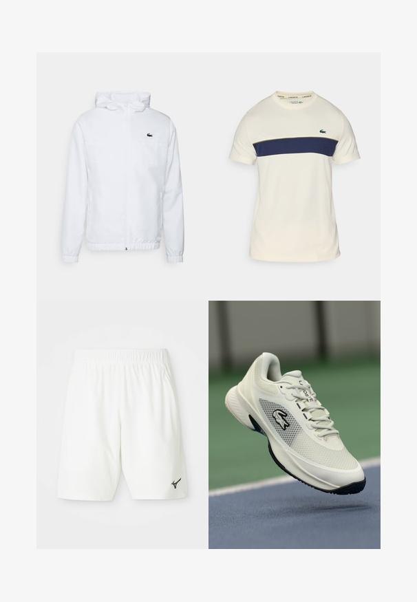 Balta kapuce ar elastīgām piedurknēm un regulējamu apakšmalu. Uz krūtīm ir melns logo, un tai ir divas sānu kabatas ar gludu tekstūru.; Kādam un jūras zila Lacoste t-kreklu ar apļveida kakla izgriezumu, īsām piedurknēm un horizontālu krāsu bloku. Iezīmēts ar zaļu krokodila logo.; Baltas sporta šorti ar elastīgu jostasvietu un melnu logo apakšējā kreisajā pusē. Izgatavoti no gluda, viegla materiāla.; Balti sporta apavi ar sieta materiāla augšpusi, melniem akcentiem, teksturētu zoli un izteiktu logo sānos, attēloti pret sporta laukuma fonu.