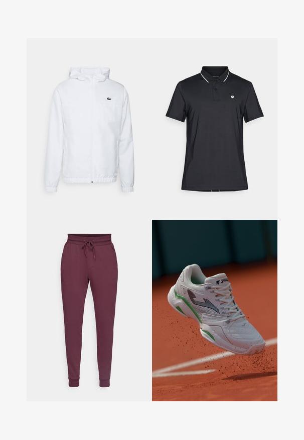 White hooded jacket with elastic cuffs and a drawstring hem. Features a black logo on the chest and two side pockets with a smooth texture.; Black polo shirt with short sleeves, a two-button placket, white trim on the collar, and a small logo on the left chest. Smooth fabric texture.; Burgundy joggers made of cotton blend, featuring a drawstring waist, two side pockets, and elasticated cuffs at the ankles.; White athletic shoe with gray and green accents, lace-up design, textured mesh upper, and patterned sole, suspended above a clay court.