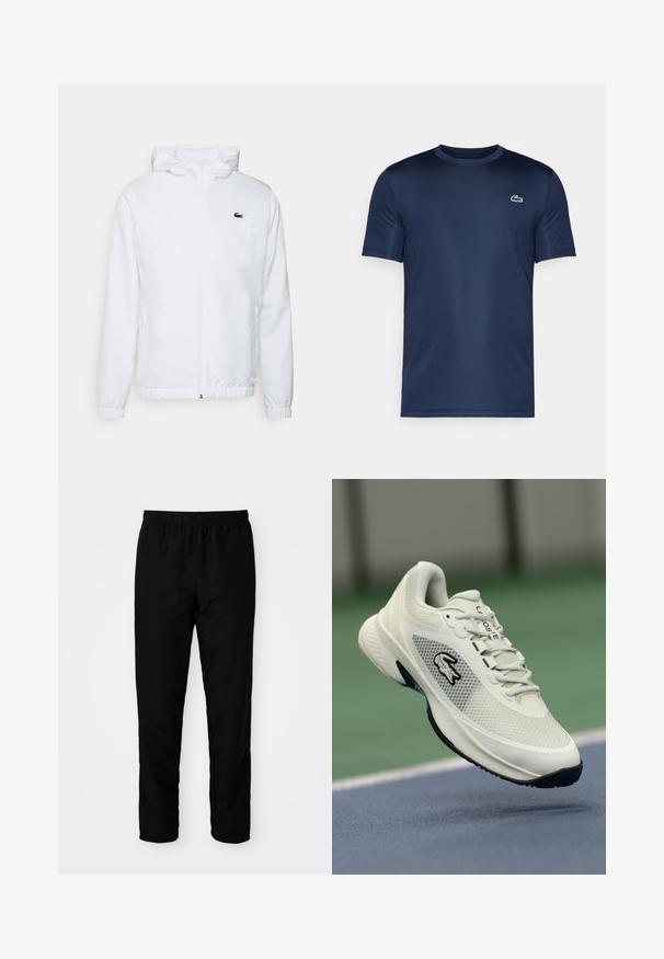 Bela kapuca s kapuco z elastičnimi manšetami in spodnjim delom na vrvico. Opremljena je z črnim logotipom na prsih in dvema stranskima žepoma z gladko teksturo.; Mornarsko modra majica s kratkimi rokavi, izdelana iz gladkega materiala, z majhnim vezenim zelenim krokodilom na levem prsnem delu.; Črne hlače z elastičnim pasom in ravnim krojem, narejene iz gladkega materiala, z elastičnimi manšetami na gležnjih in brez vidnih žepov.; Bela atletska superga z mrežastim zgornjim delom, črnimi akcenti, teksturiranim podplatom in izpostavljenim logotipom na strani, prikazana v ozadju igrišča.