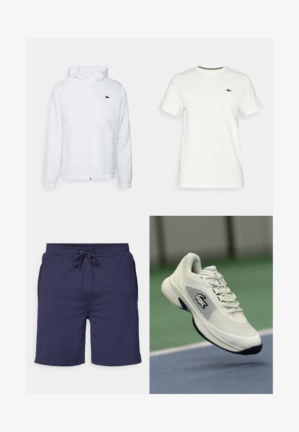 Vit huva jacka med elastiska manschetter och dragsko nederkant. Har en svart logotyp på bröstet och två sidofickor med en mjuk textur.; Vit bomullströja med korta ärmar, med en grön detalj på kragen och en liten grön logotyp på vänster bröst.; Mörkblå träningsshorts i mjukt tyg, med elastisk midja och dragsko samt sidofickor.; Vit sportig sneaker med ovandel i mesh, svarta accenter, texturerad sula och framträdande logotyp på sidan, visad mot en bakgrund av en tennisbana.