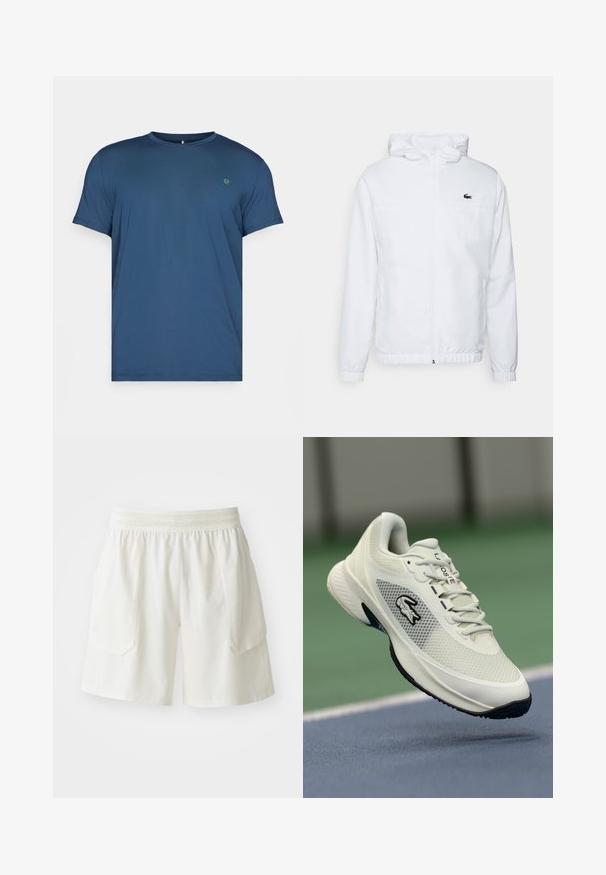 White hooded jacket with elastic cuffs and a drawstring hem. Features a black logo on the chest and two side pockets with a smooth texture.; Blue short-sleeve t-shirt made of soft fabric. Features a crew neckline and a small green logo on the left chest. Smooth texture, relaxed fit.; ASICS MATCH SHORT - Sports shorts - cream; White athletic sneaker with a mesh upper, black accents, textured sole, and prominent logo on the side, displayed against a court background.