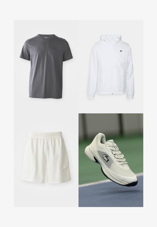 Bela kapuca s kapuco z elastičnimi manšetami in spodnjim delom na vrvico. Opremljena je z črnim logotipom na prsih in dvema stranskima žepoma z gladko teksturo.; Temno siva kratka majica s kratkimi rokavi in okroglim izrezom, z majhnim logotipom na levi strani prsnega predela, prikazana na beli podlagi.; ASICS MATCH SHORT - Športne kratke hlače - cream; Bela atletska superga z mrežastim zgornjim delom, črnimi akcenti, teksturiranim podplatom in izpostavljenim logotipom na strani, prikazana v ozadju igrišča.