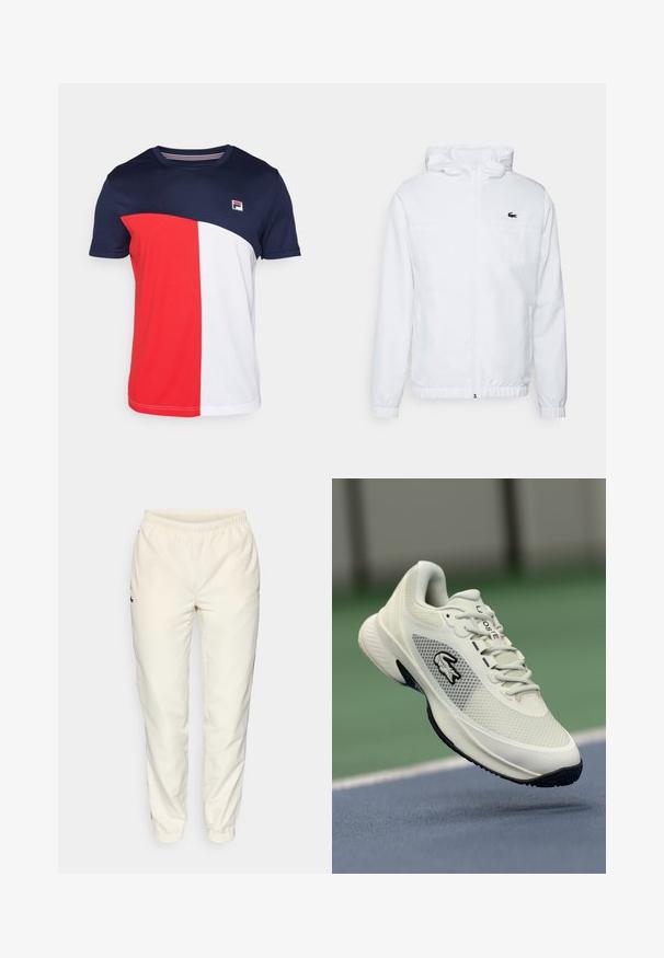 Hvit hettejakke med elastiske mansjetter og snor i nederkanten. Har en svart logo på brystet og to sidelommer med glatt tekstur.; Kortermet T-skjorte med marineblå, rød og hvite fargeblokker, rund hals og liten logo på brystet. Laget av teksturert stoff.; Kremfargede treningsbukser med elastisk liv, smale ben og en liten mørk grønn logo på venstre side. Glatt, lett stoff.; Hvite sportssko med mesh-overdel, svarte detaljer, teksturert såle og fremtredende logo på siden, plassert mot en bakgrunn av en bane.