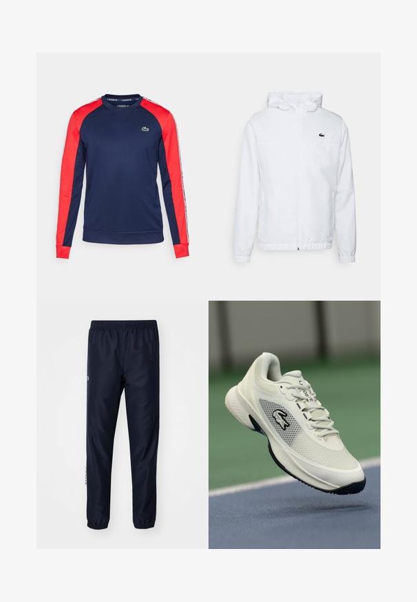 Balta kapuce ar elastīgām piedurknēm un regulējamu apakšmalu. Uz krūtīm ir melns logo, un tai ir divas sānu kabatas ar gludu tekstūru.; Navy zils džemperis ar sarkaniem piedurknēm, ar apaļu kaklu un ribotu aproču dizainu. Lacoste logo uz krūtīm un sāna svītras ar zīmola nosaukumu.; Jūras spēku sporta bikses, izgatavotas no vieglas auduma, kurām ir elastīgs josta un aproces, ar logo akcentu sānos, piešķirot sīkumu.; Balti sporta apavi ar sieta materiāla augšpusi, melniem akcentiem, teksturētu zoli un izteiktu logo sānos, attēloti pret sporta laukuma fonu.
