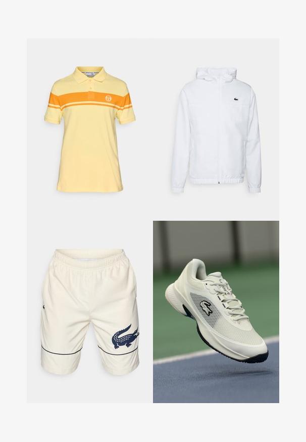 Bela kapuca s kapuco z elastičnimi manšetami in spodnjim delom na vrvico. Opremljena je z črnim logotipom na prsih in dvema stranskima žepoma z gladko teksturo.; Rumena polo majica z oranžnimi horizontalnimi črtami. Narejena iz bombaža, ima klasični ovratnik, kratke rokave in logotip na prsih.; Kremne kratke hlače iz strukturiranega materiala z elastičnim pasom. Imajo temno modri logotip krokodila in modro črto ob robu.; Bela atletska superga z mrežastim zgornjim delom, črnimi akcenti, teksturiranim podplatom in izpostavljenim logotipom na strani, prikazana v ozadju igrišča.