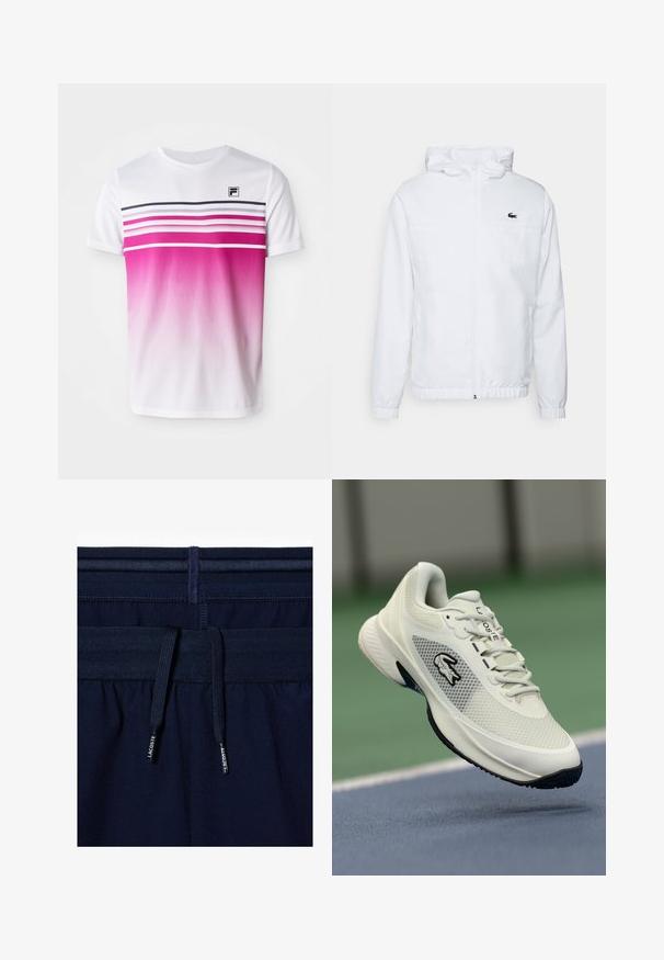 Jaqueta branca com capuz, punhos elásticos e bainha com cordão. Apresenta um logotipo preto no peito e dois bolsos laterais com uma textura suave.; T-shirt branca de manga curta com um design em ombre rosa, riscas horizontais em rosa escuro e azul marinho, e um pequeno logotipo preto no peito.; Calças de desporto azul marinho com um cós elástico e cordão. O material parece suave, com costuras limpas e detalhes de marca subtis.; Sapatilha desportiva branca com parte superior em malha, detalhes em preto, sola texturizada e logotipo em destaque na lateral, apresentada num fundo de campo.